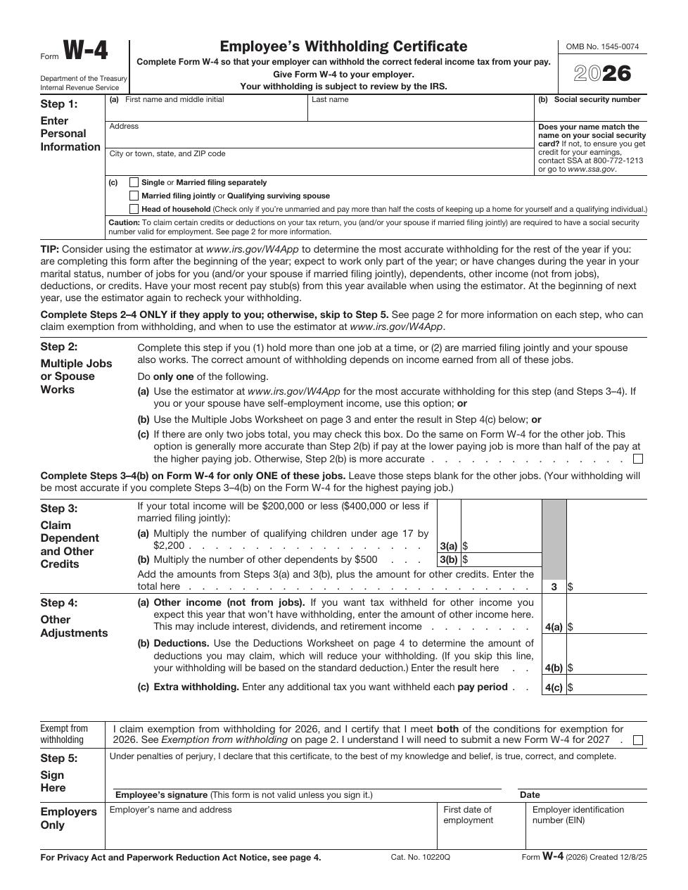 Form W-4 PDF preview